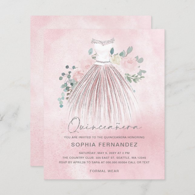 Budget Blush gold glitter Dress Quinceañera Invite (Front/Back)