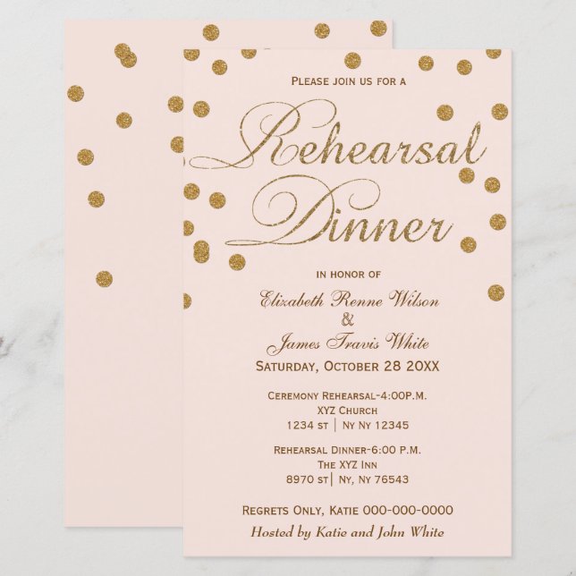 Budget Blush Gold Glitter Rehearsal Dinner Invite (Front/Back)