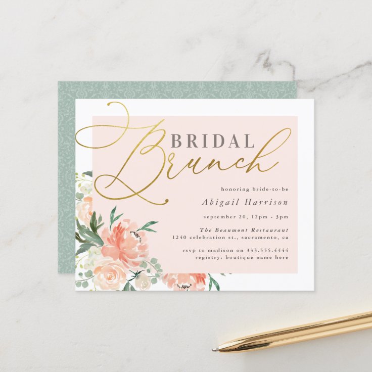 Budget Blush & Gold Script Floral Bridal Brunch | Zazzle