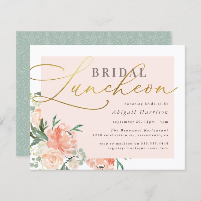 Budget Blush & Gold Script Floral Bridal Luncheon (Front/Back)