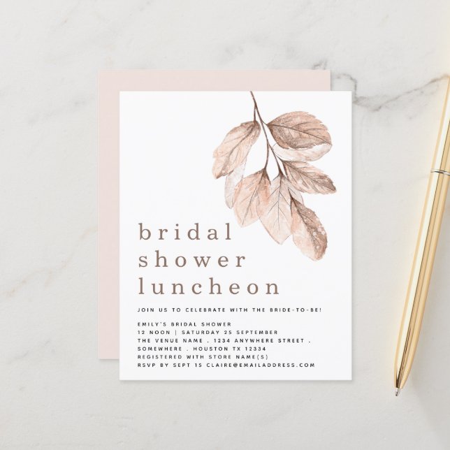 Budget Blush Leaves Bridal Shower Luncheon Invite (Front/Back In Situ)