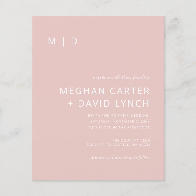 Budget Blush Modern Monogram Wedding Invitation (Front)