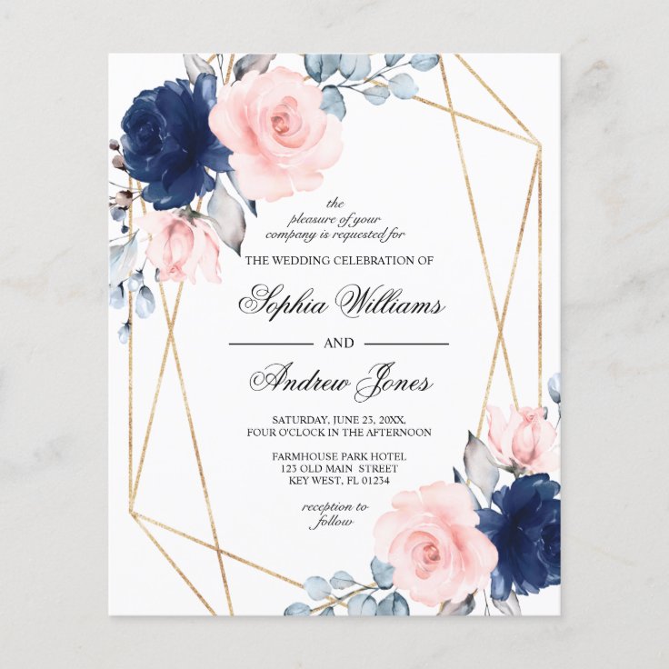 Budget Blush & Navy Blue Rose Wedding Invitation Zazzle