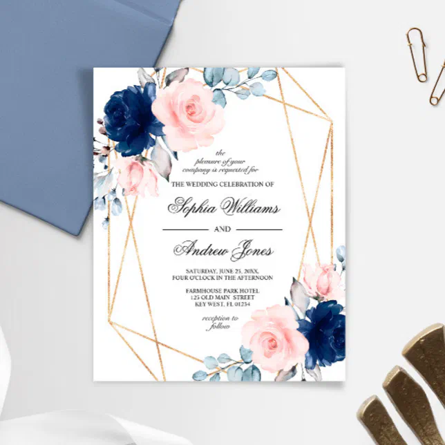 Budget Blush & Navy Blue Rose Wedding Invitation Zazzle