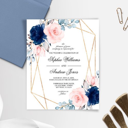 Budget Blush  Navy Blue Rose Wedding Invitation