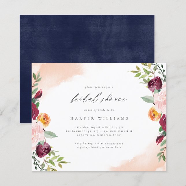 Budget Blush Navy Floral Botanical Bridal Shower (Front/Back)