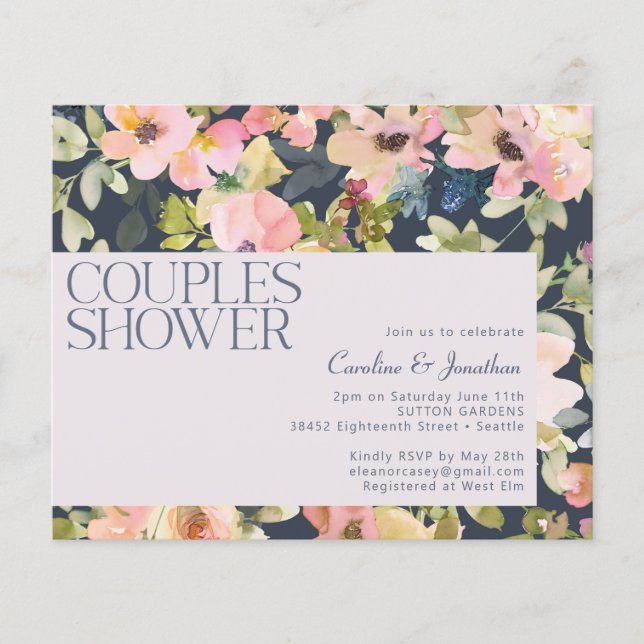 Budget Blush Navy Floral Couples Shower Invite (Front)