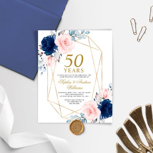 Budget Blush  Navy Wedding Anniversary Invite