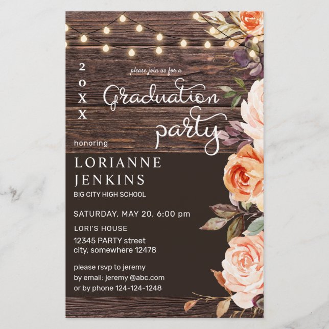 Budget Blush & Peach Floral Rustic Grad MEDIUM Flyer (Front)