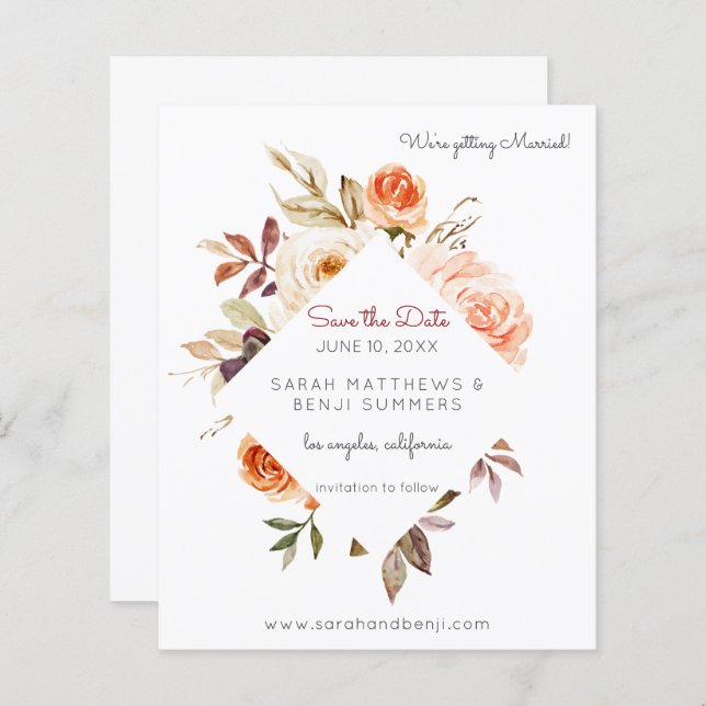Budget Blush & Peach Floral Rustic Save the Date (Front/Back)
