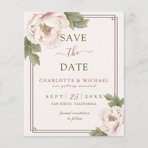 BUDGET Blush Peony Floral Wedding Save the Date Flyer