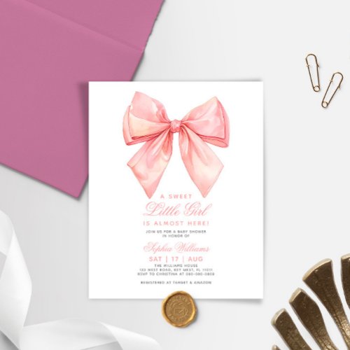 Budget Blush Pink Bow Baby Shower Invitation