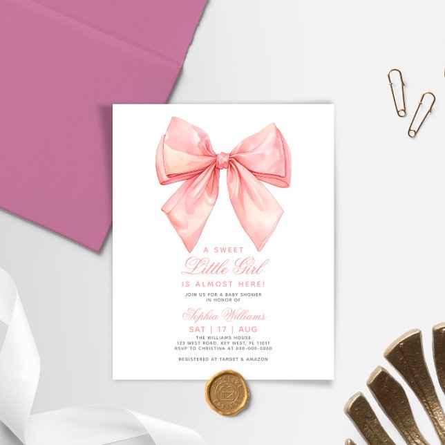 Budget Blush Pink Bow Baby Shower Invitation (Creator Uploaded)