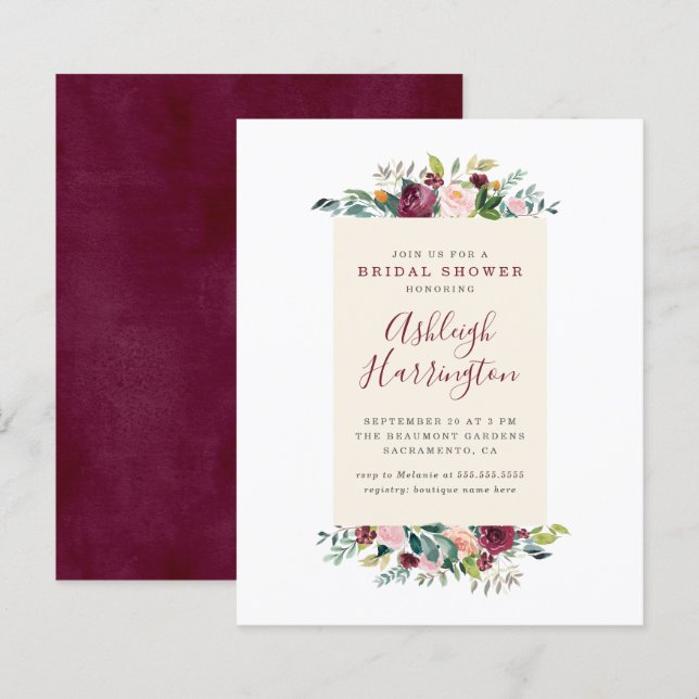Budget Blush Pink & Burgundy Floral Bridal Shower (Front/Back)