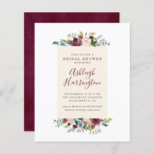 Budget Blush Pink  Burgundy Floral Bridal Shower