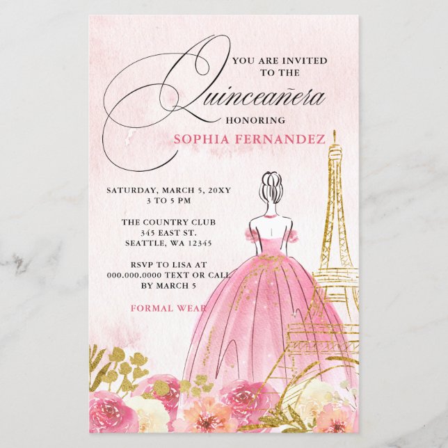 Budget Blush Pink Eiffel Tower Paris Quinceañera (Front)