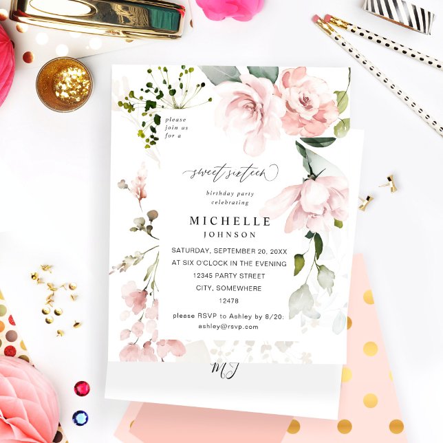 Budget Blush Pink & Eucalyptus Floral Sweet 16 (Creator Uploaded)