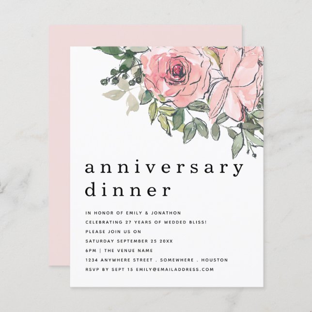 Budget Blush Pink Floral Anniversary Dinner Invite (Front/Back)