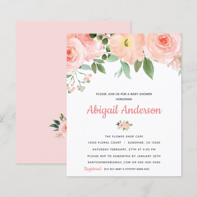 Budget Blush Pink Floral Baby Shower Invitation (Front/Back)