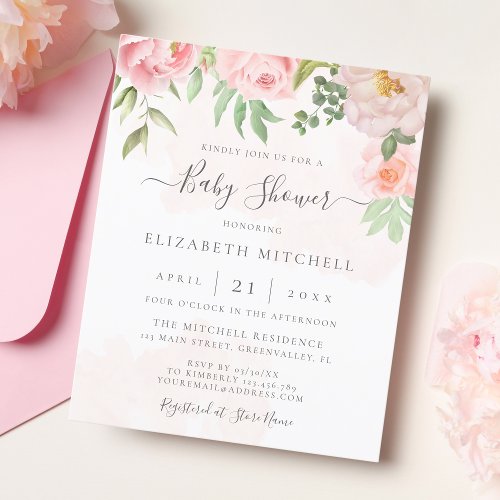 Budget Blush Pink Floral Baby Shower Invitation