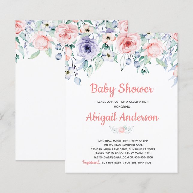 Budget Blush Pink Floral Baby Shower Invitation (Front/Back)