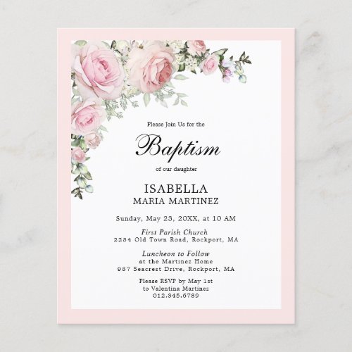 Budget Blush Pink Floral Baptism Invitation