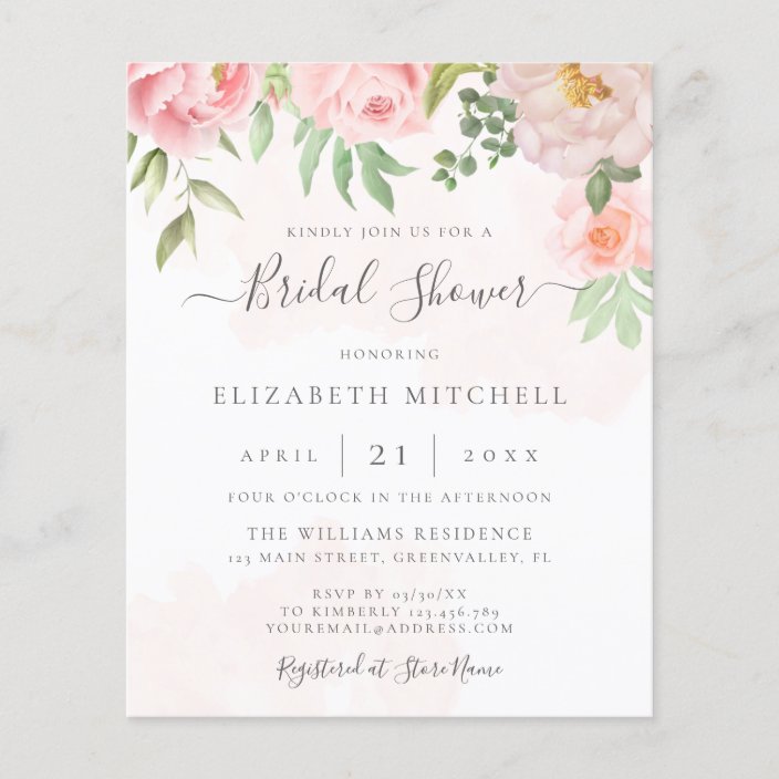 Budget Blush Pink Floral Bridal Shower Invitation | Zazzle.com