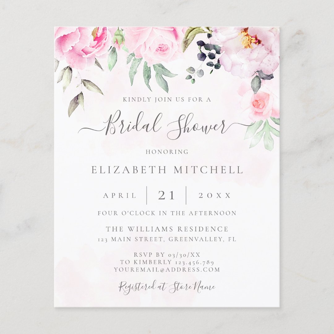 Budget Blush Pink Floral Bridal Shower Invitation | Zazzle