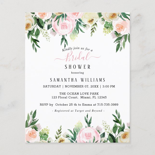 Budget Blush Pink Floral Bridal Shower Invitation (Front)