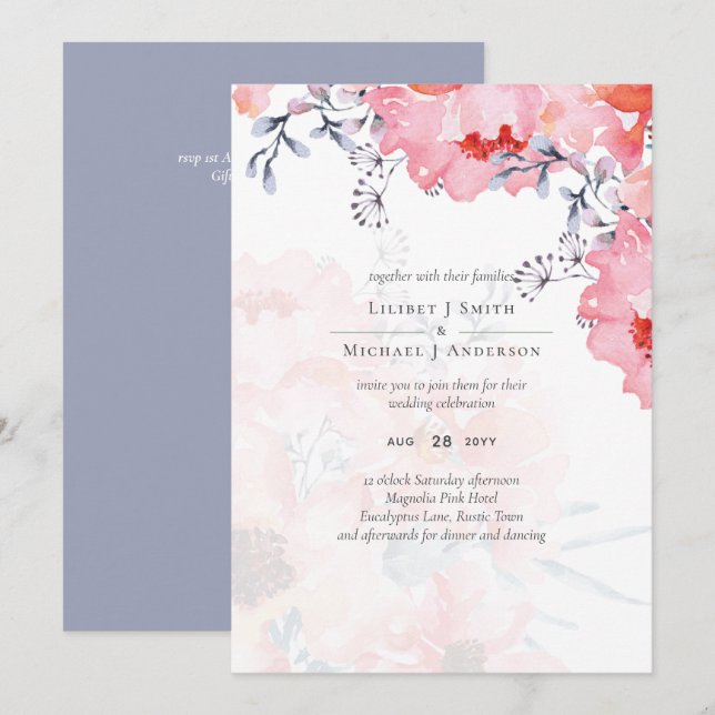 Budget Blush Pink Floral Dusty Blue Wedding (Front/Back)