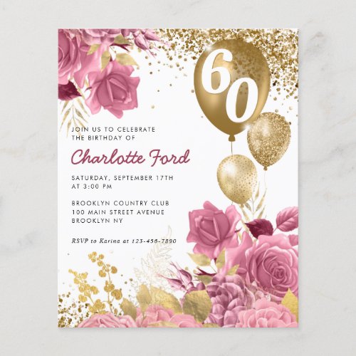 Budget Blush Pink Floral Gold Balloon Birthday