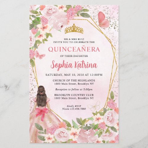 Budget Blush Pink Floral Gold Princess Quinceaera
