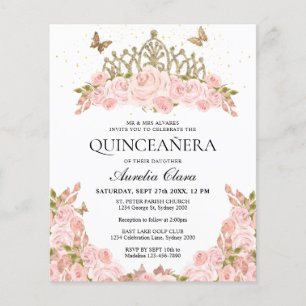 BUDGET Blush Pink Floral Gold Tiara Quinceanera