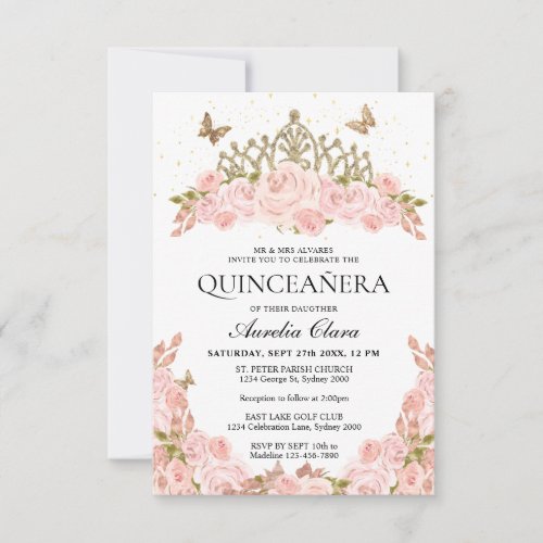 BUDGET Blush Pink Floral Gold Tiara Quinceanera Note Card