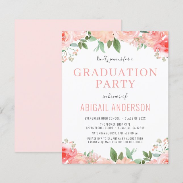 Budget Blush Pink Floral Graduation Invitation (Front/Back)