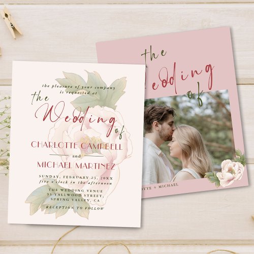 BUDGET Blush Pink Floral Photo Wedding Invites