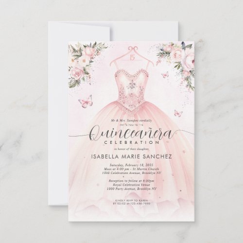 Budget Blush Pink Floral Princess Gown Quinceanera Note Card