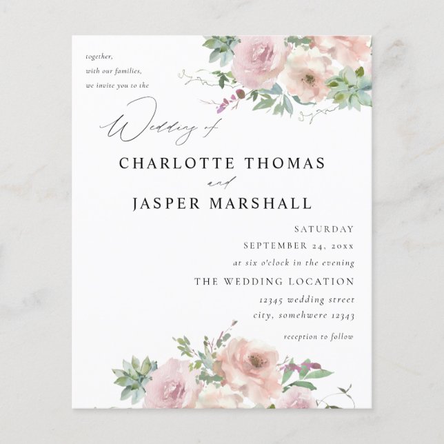 Budget Blush Pink Floral & Succulent Wedding Flyer (Front)
