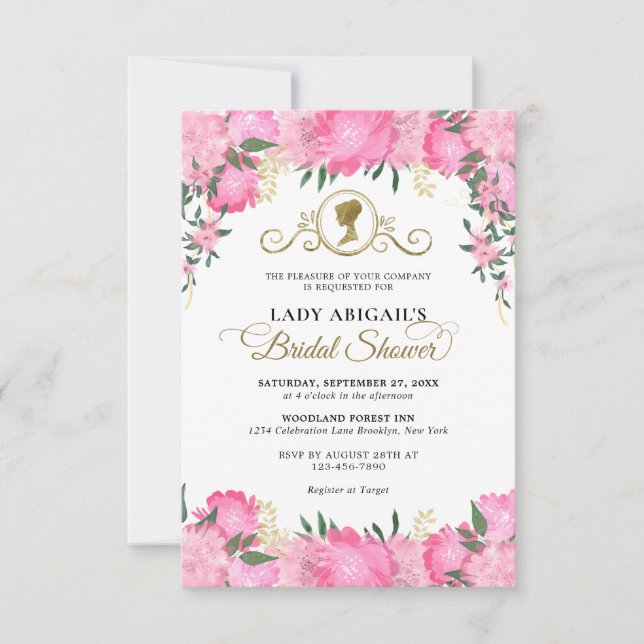 Budget Blush Pink Floral Victorian Bridal Shower Note Card (Front)