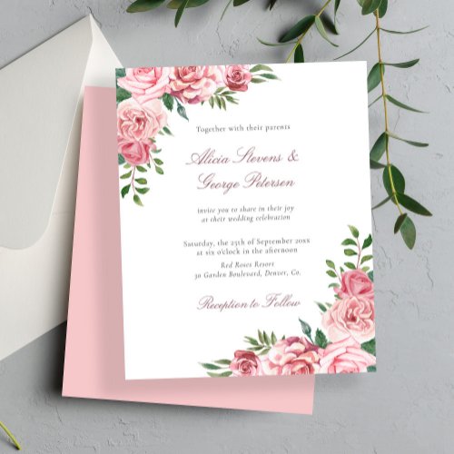 Budget blush pink floral wedding invitation