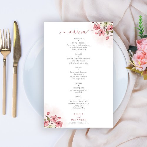 Budget blush pink floral wedding menu flyer