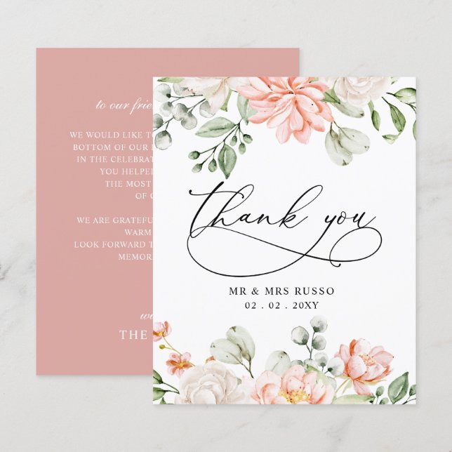 Budget Blush Pink Floral Wedding Thank You Card (Front/Back)