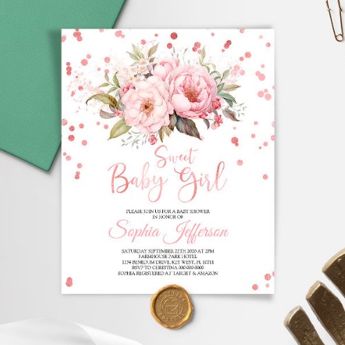 Budget Blush Pink Flowers Baby Shower Invitation