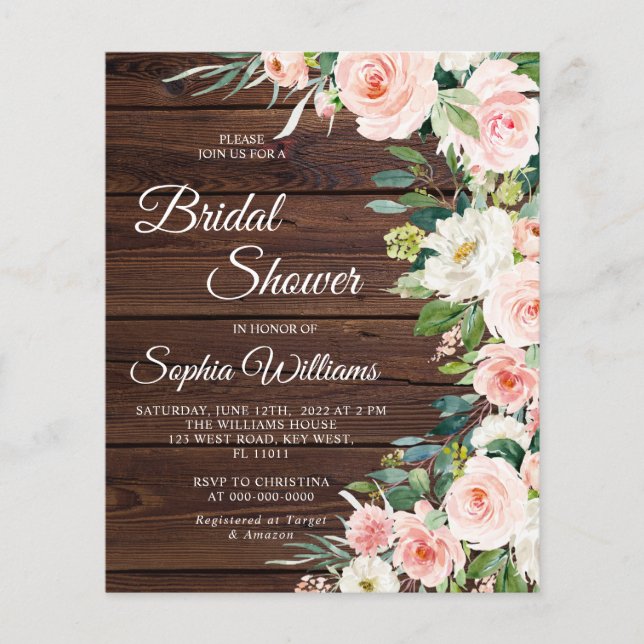 Budget Blush Pink Flowers Bridal Invitation (Front)