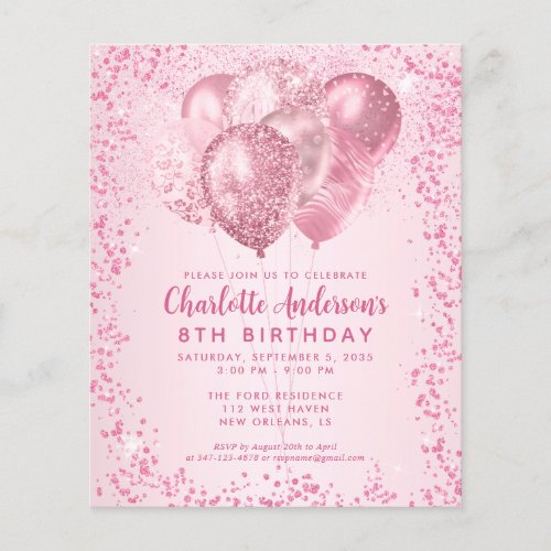 Budget Blush Pink Glitter Balloon Kids Birthday Flyer