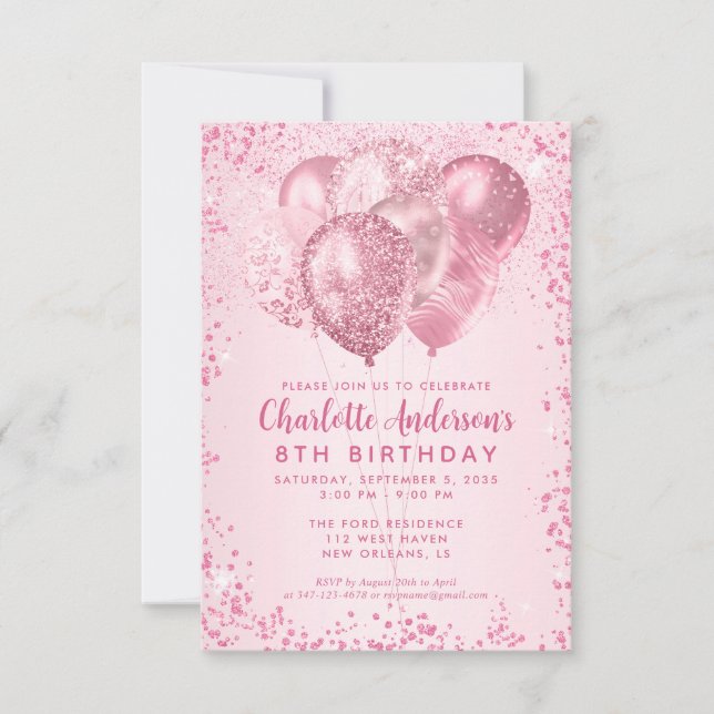 Budget Blush Pink Glitter Balloon Kids Birthday Note Card (Front)
