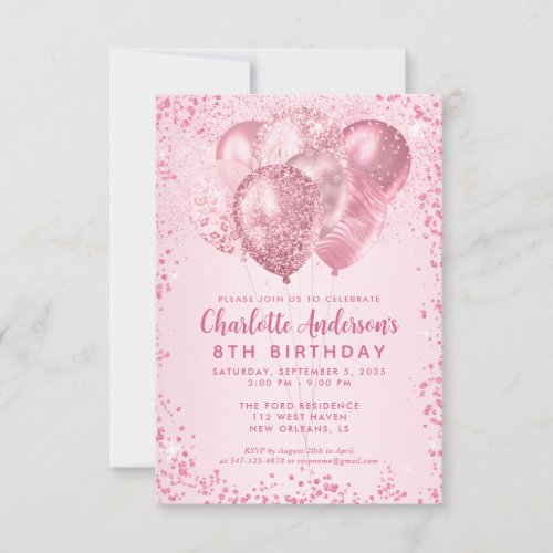 Budget Blush Pink Glitter Balloon Kids Birthday Note Card