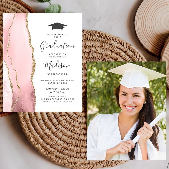 Budget Blush Pink Gold Agate Graduation Invite (Creator Uploaded)