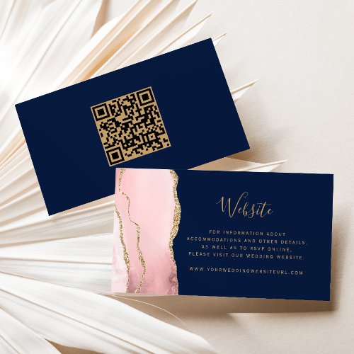 Budget Blush Pink Gold Agate Navy Wedding QR Code Enclosure Card