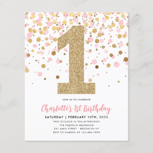 Budget Blush Pink Gold Confetti Girl 1st Birthday